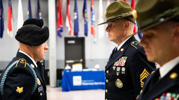 Uniformed soldiers in a military ceremony displaying pride and discipline in Knoxville, Tennessee.